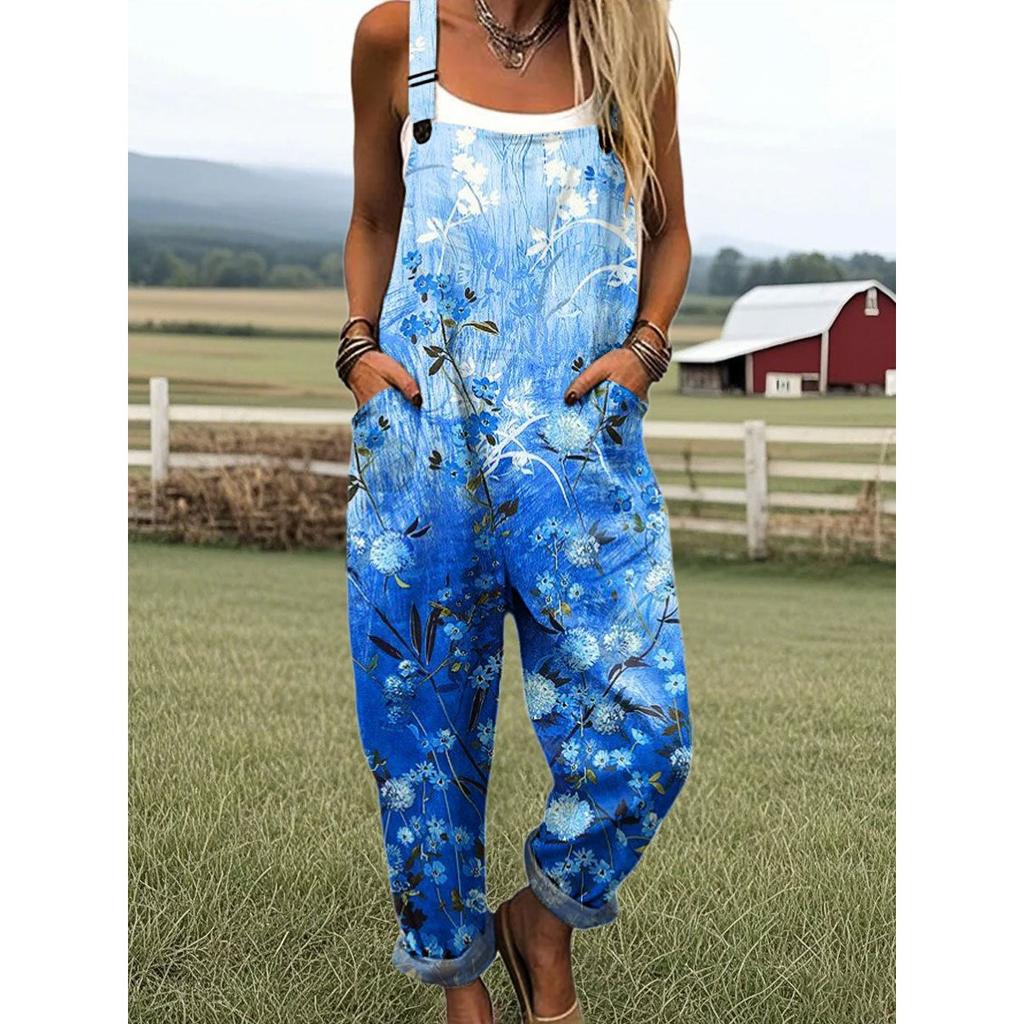 Women's Sleeveless Mid Rise 3D Digital Print Loose Casual Overalls Jumpsuit For Summer