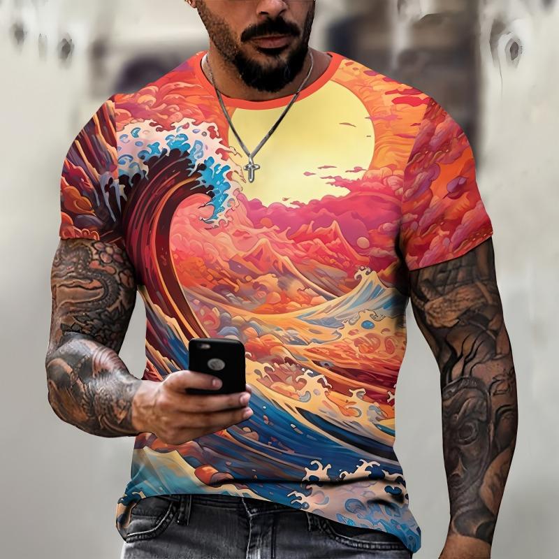 New Mens Clothing Top 3D Printed Sunset Sea View Graphic T Shirts Loose Round Neck Short Sleeved Tees Streetwear T Shirt for Men