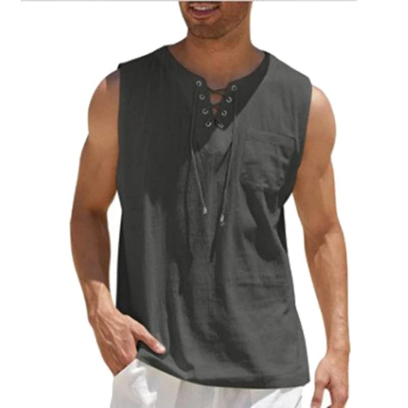 Men's Summer Shirts Casual Leeveless Vest Bandage Lace Up Blouse Retro V Neck Fashion Loose Shirt Solid Color Clothes
