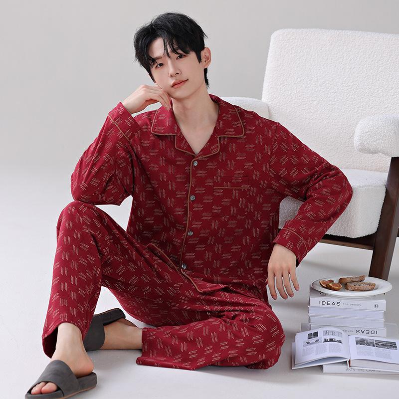 

Пижама мужская весенне-осенняя мужская из чистого хлопка с длинным рукавом осенняя больших размеров хлопковая домашняя одежда осенне-зимняя XL