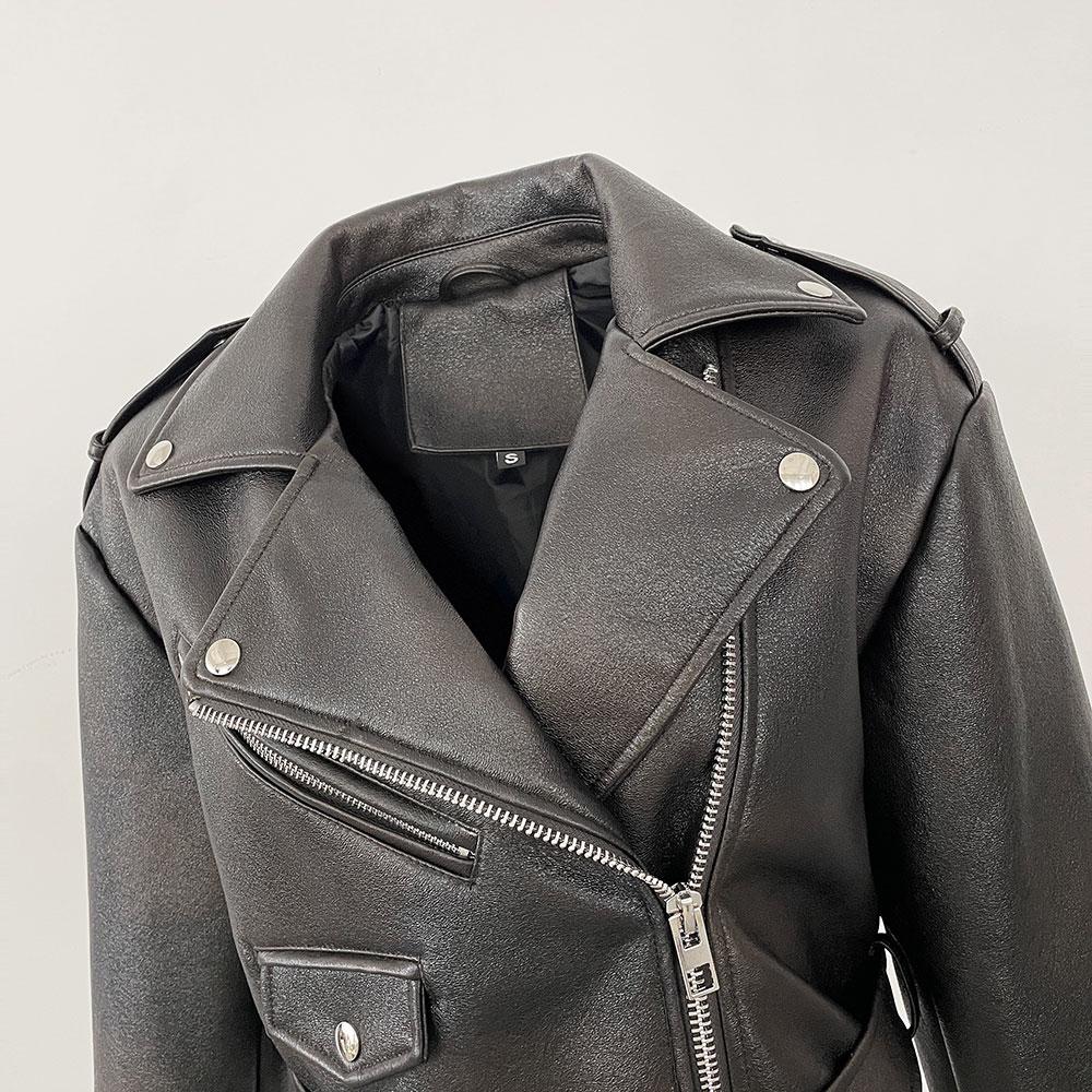 OFTBUY Veste Courte Vintage Ample en Faux Cuir PU pour Femmes avec Ceinture Veste de Moto Féminine Zippée Rétro Moto Biker Manteau Vêtements d'Extérieur Hauts