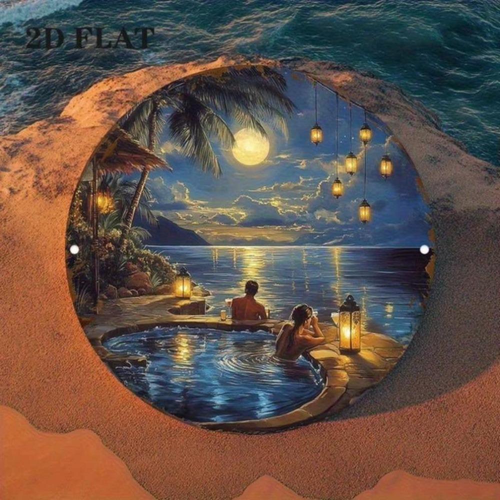 Tropical Beach Metal Sign with Palm Tree Lantern Design Wall Art for Home Bar Decor