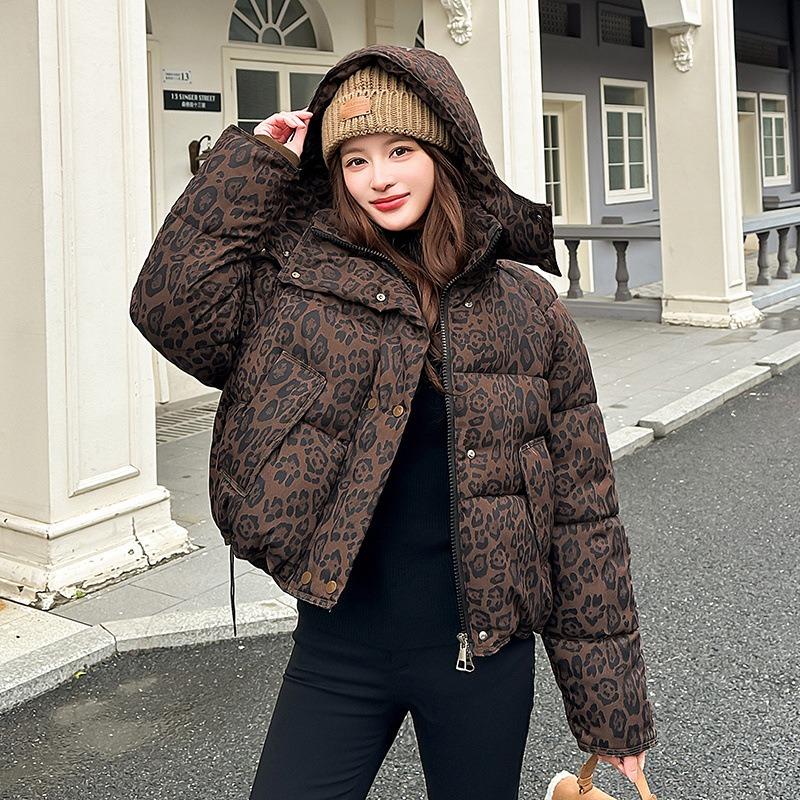 Winter new leopard print padded coat down padded jacket hooded versatile fashion women loose thick coat