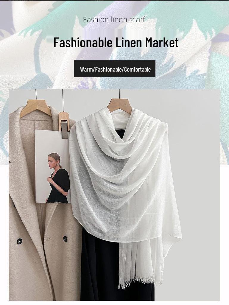Artistic Cotton and Linen Scarf - Solid Color, Japanese & Korean Style, Women's Shawl for Air-Conditioned Rooms, Outerwear, Sun Protection
