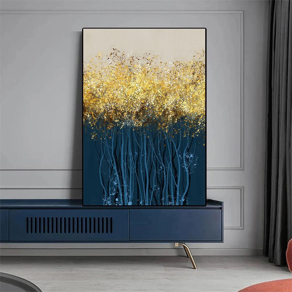 Blue Trees with Golden Leaves Poster Print Canvas Painting Modern Abstract Luxury Picture for Living Room Home Decor Cuadros