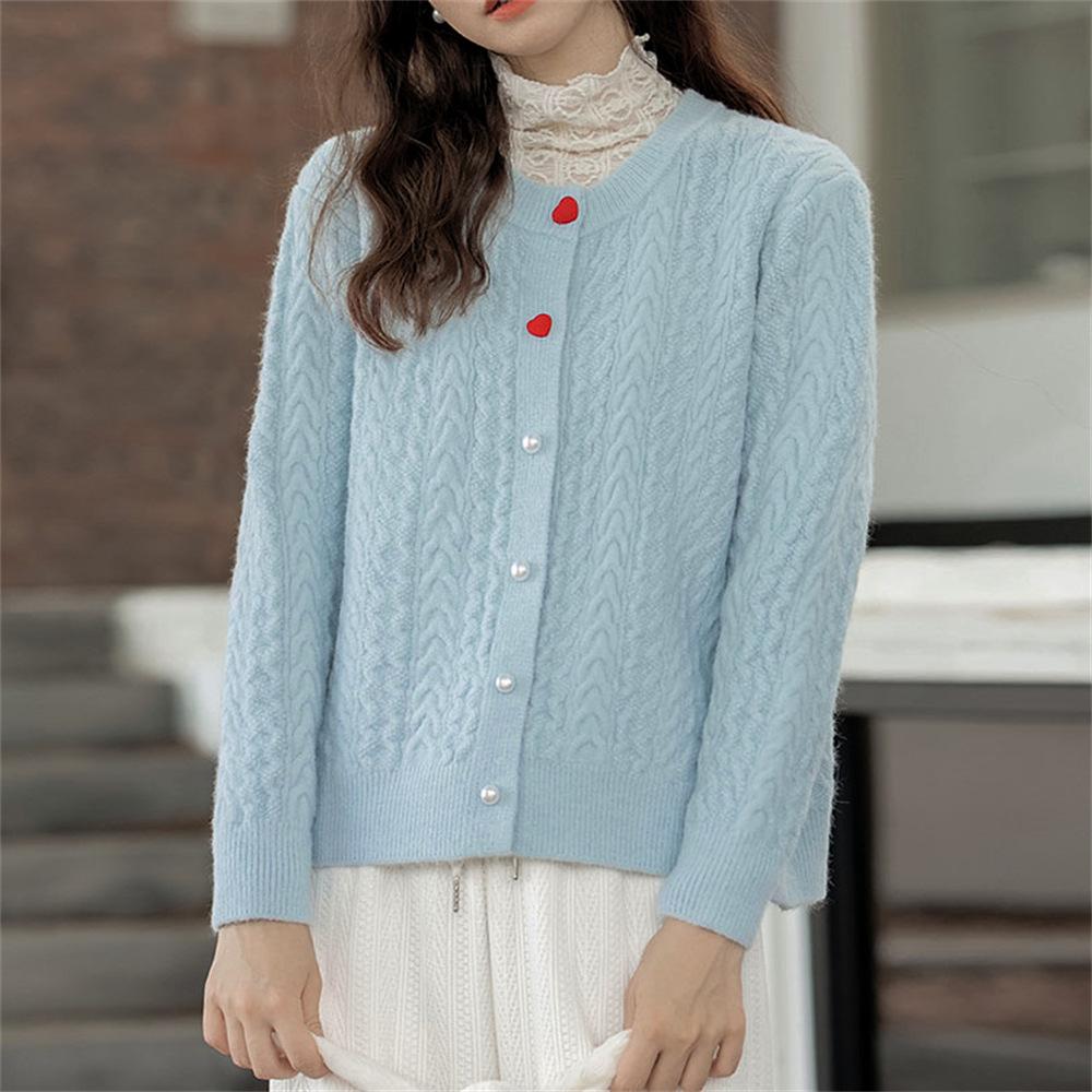 Autumn and Winter Women's  Sweater Round Neck Love Button Fried Dough Twists Knitted Cardigan