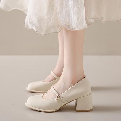 Fashion Beige Thick Heels Mary Jane Shoes Women 2024 Buckle Strap Square Toe Pumps Woman Med Heele Pu Leather Shoes Female