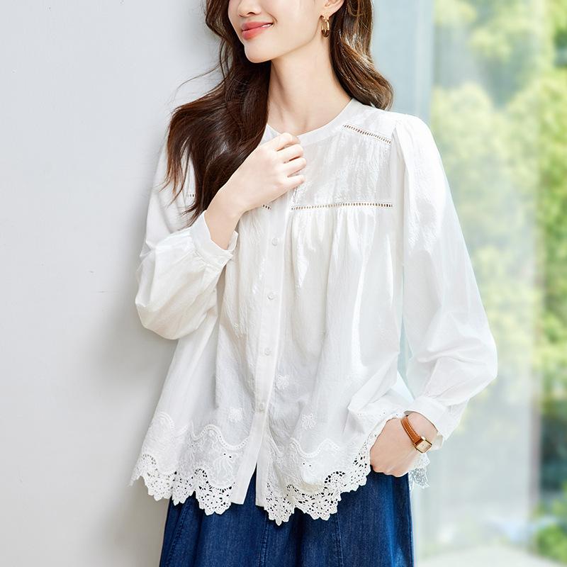 

Французская ретро-рубашка женская с длинным рукавом летняя ажурная вышитая кружевом блузка свободная приталенная рубашка One size белый
