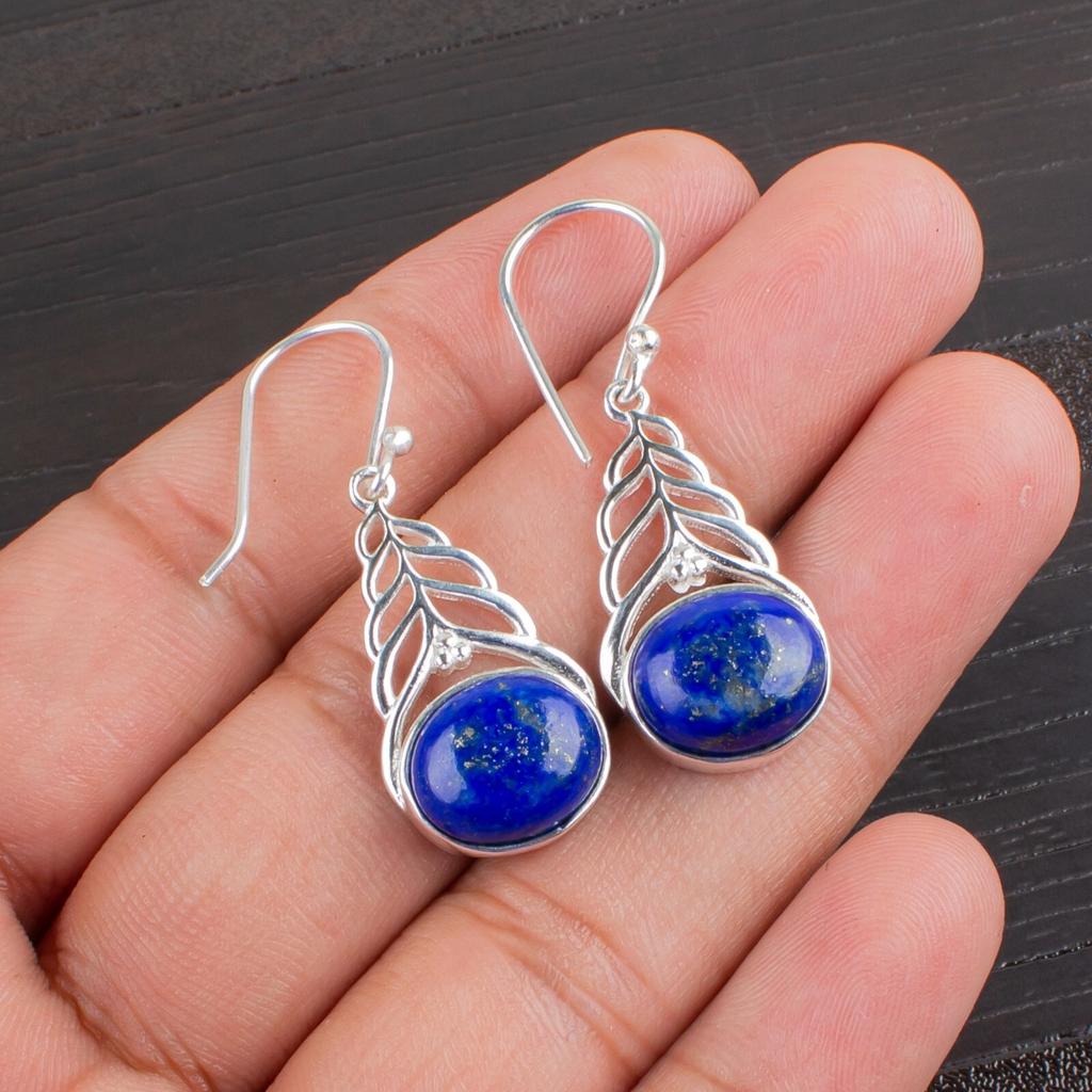 Lapis Lazuli Gemstone 925 Sterling Silver Ethnic Jewelry Artisan Earrings 1.64" CE-1-23