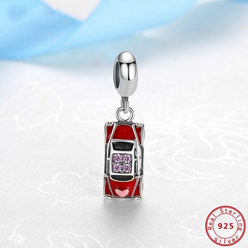 925 Sterling Silver Charm Fit Mode Armband Original Bröllopsbilar Hänge Berlocker Kristallröd Emalj Gör-det-själv smycken