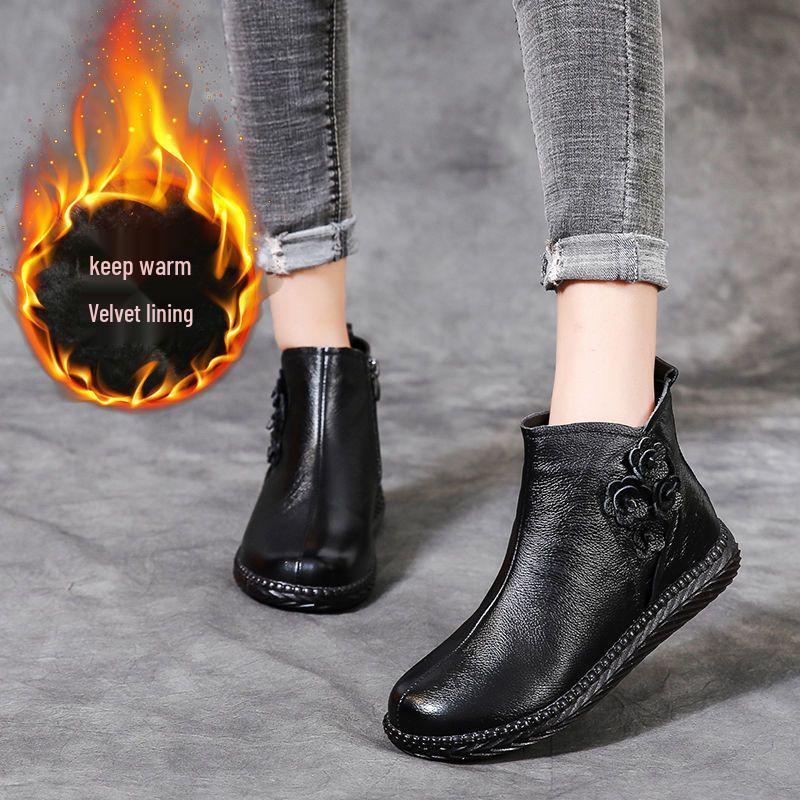 Women's Genuine Leather Winter Plush Ankle Boots - Comfortable, Non-Slip, Soft Flat Bottom for Middle-Aged & Elderly