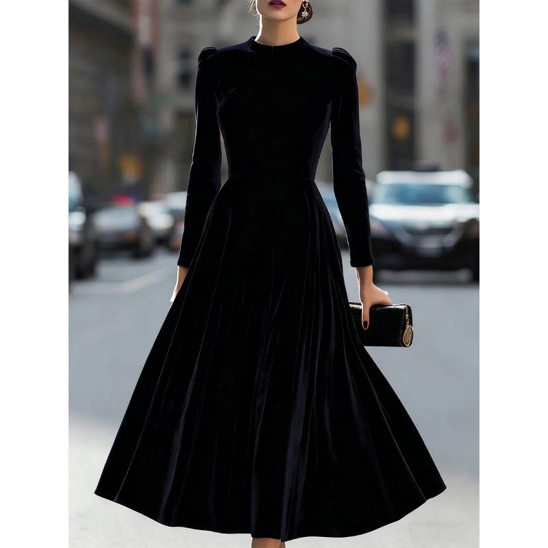 Women Velvet Round Neck Long Sleeve Casual Midi Swing Dress