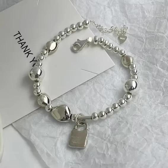 PONYKISS  Sterling Silver Square Pendant Round Bead Charm Bracelets for Women Minimalist Trendy Fine  Accessories
