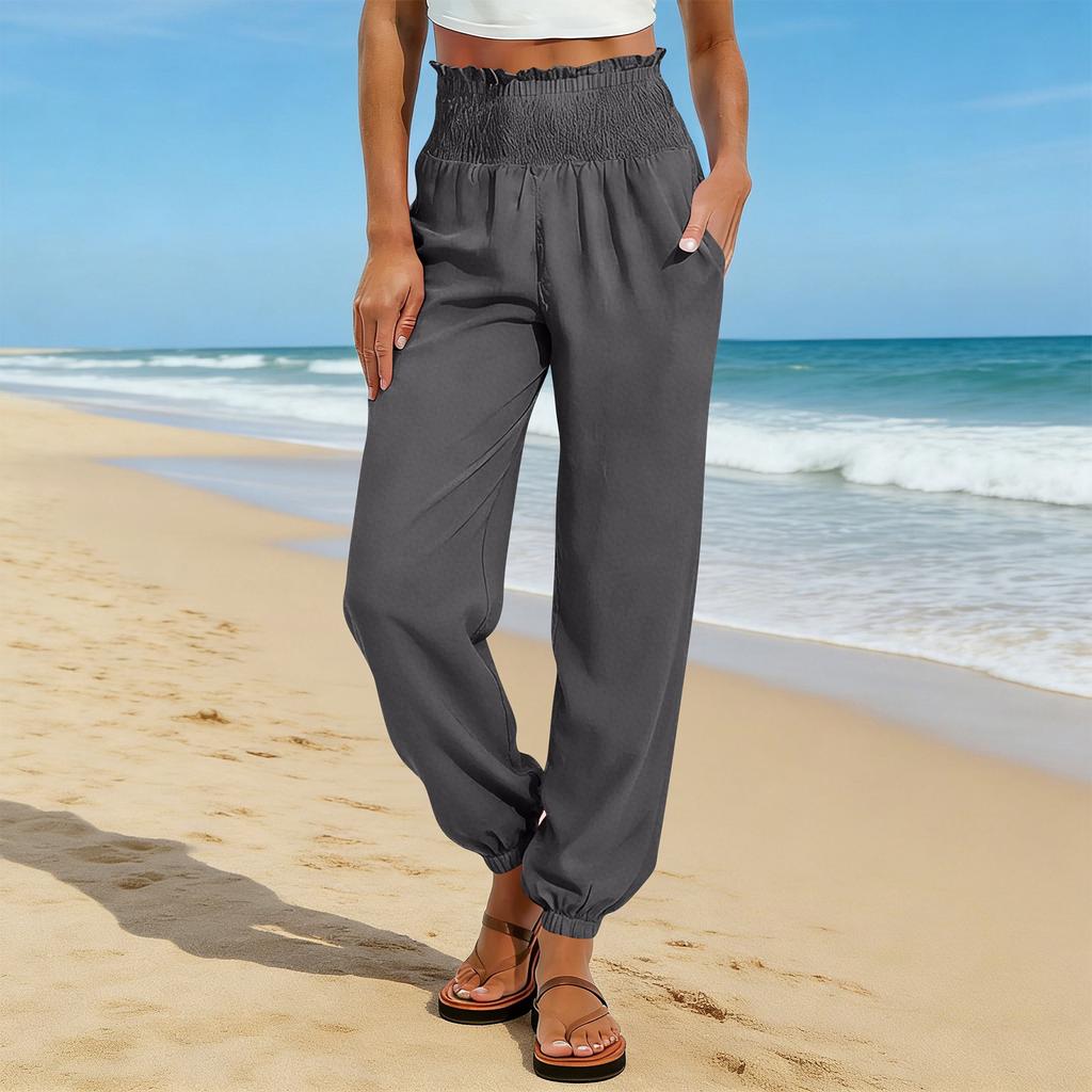Women's Fashion Color Elastic Waist Pocket Loose Leg Tight Casual Pants