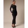 Women's Crew Neck Mesh Panel Bodycon Dress, Slim Ruffle Hem Maxi Dress