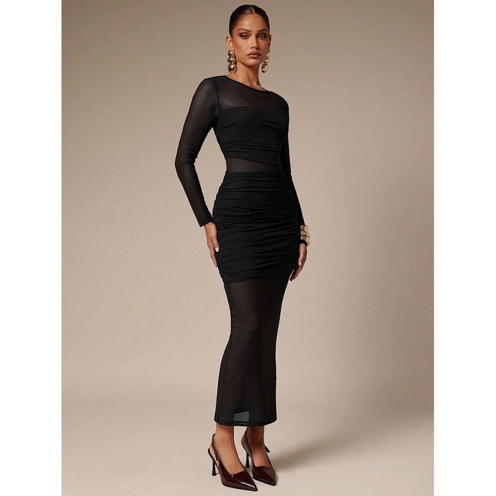 Women's Crew Neck Mesh Panel Bodycon Dress, Slim Ruffle Hem Maxi Dress