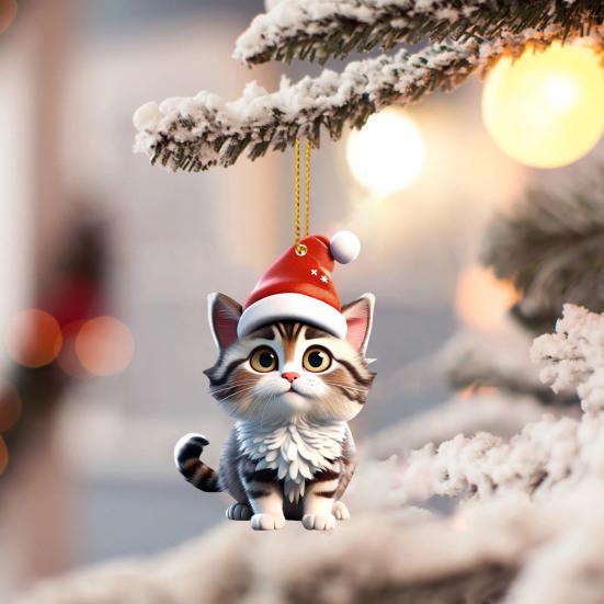 Christmas Cat Ornament 2D Acrylic Cute Cat Xmas Tree Pendant