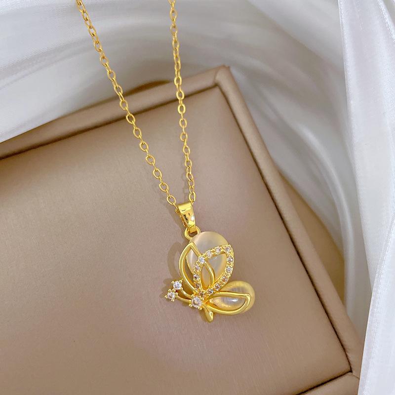 Opal Butterfly Full Diamond Light Luxury Temperament Gorgeous Full Diamond Necklace Female Versatile Collarbone Chain Titanium Steel