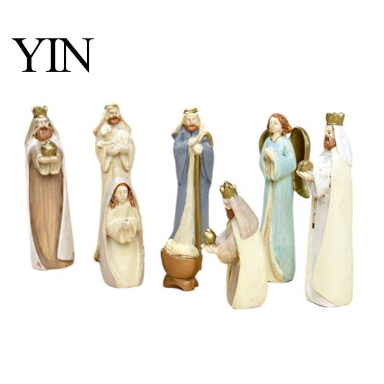 Religious Christmas Table Decor 8 Pcs Resin Nativity Figurines Set, Christian Scene Figures, Hand Painted Sculptures Tabletop Miniature Statues
