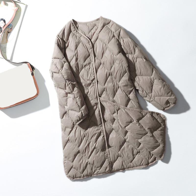 Women White Down Long Jacket V Neck Collar Casual Autumn Winter Outwear Coat Fashion