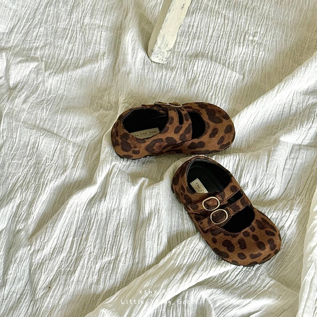 XSHX Leopard Print Girl Mary Jane Velcro Design Rubber Sole Retro Versatile Autumn New Wide Show Toe Head Princess