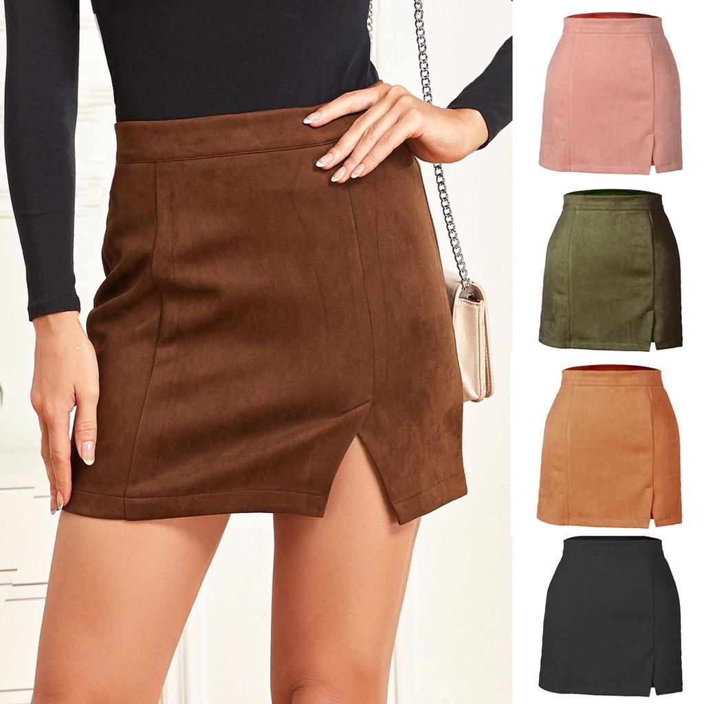 Women's High Waist Suede Wrap Mini Skirt - A-line Solid Color, Zipper Closure, Autumn/Winter Collection