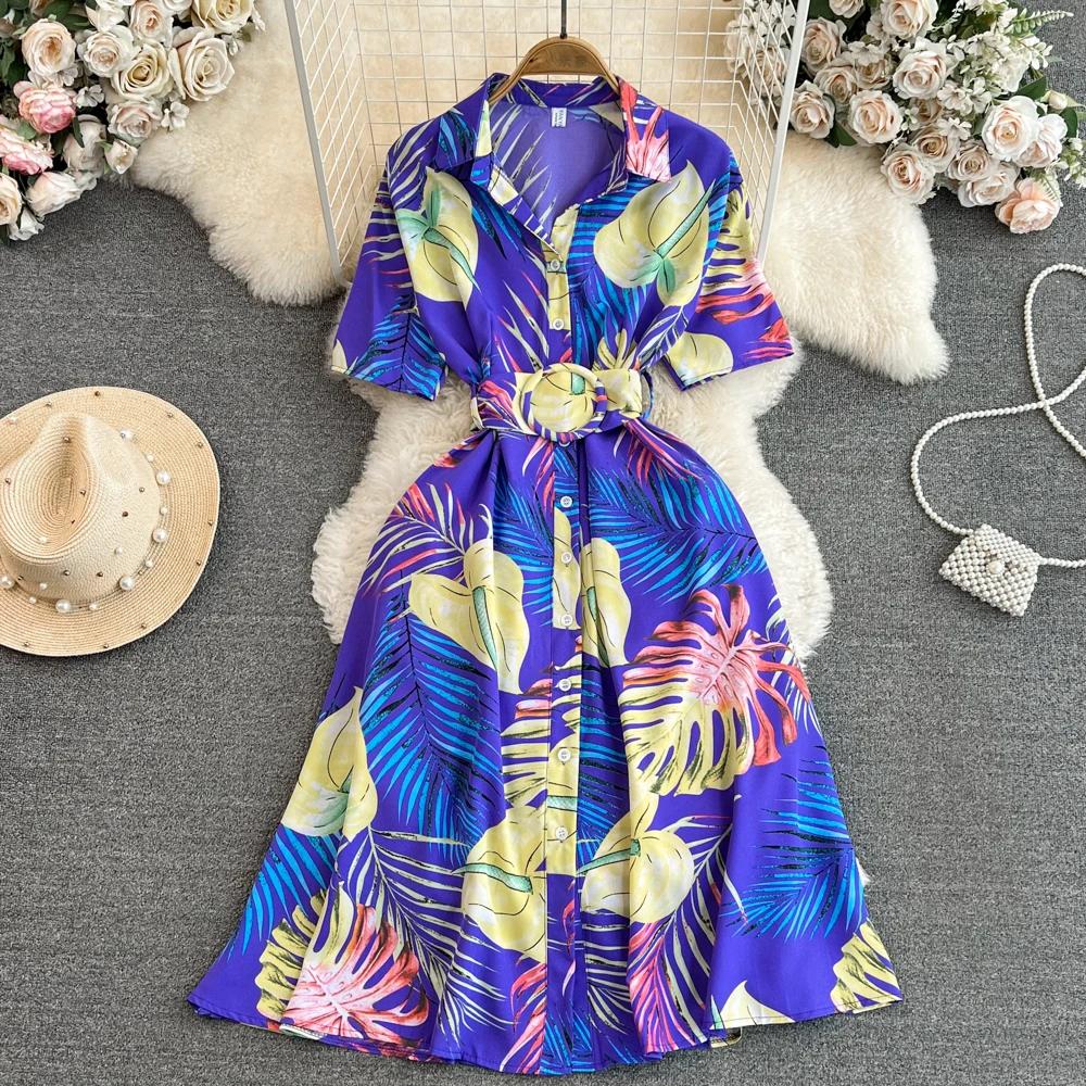 New Summer Women Dress Fashion Print Floral A-line Shirt Dress with Belt Elegant Vintage Off Lady Dress Casual Dresses