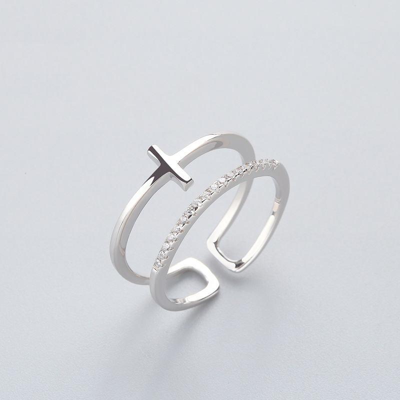 Retro Minimalist Double Layer Moon Star Cross Zircon Adjustable Open Ring for Women Personality Jewelry