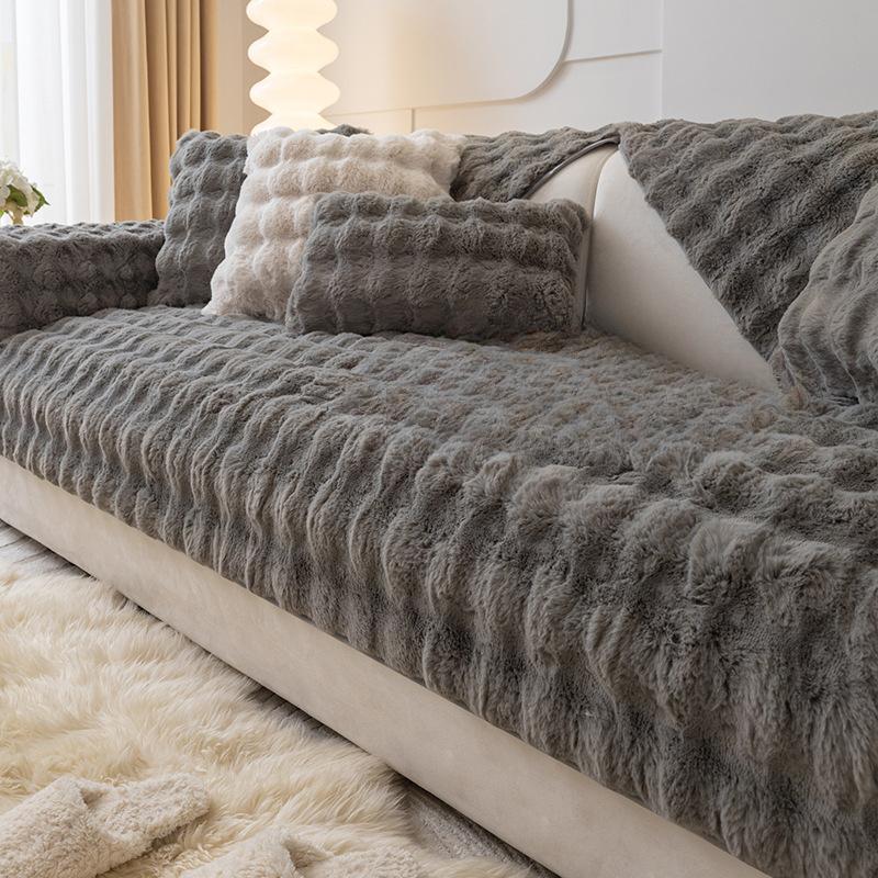 Thickened Fleece Sofa Cushion Non-Slip Leather Sofa Cover Rabbit Plush Cushion High-End Nordic Simple Winter