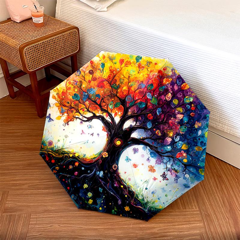 1 PC Automatic Folding Umbrella - Colorful Tree Pattern, Portable & Foldable Design with 8 Ribs, Christmas Birthday Gifts
