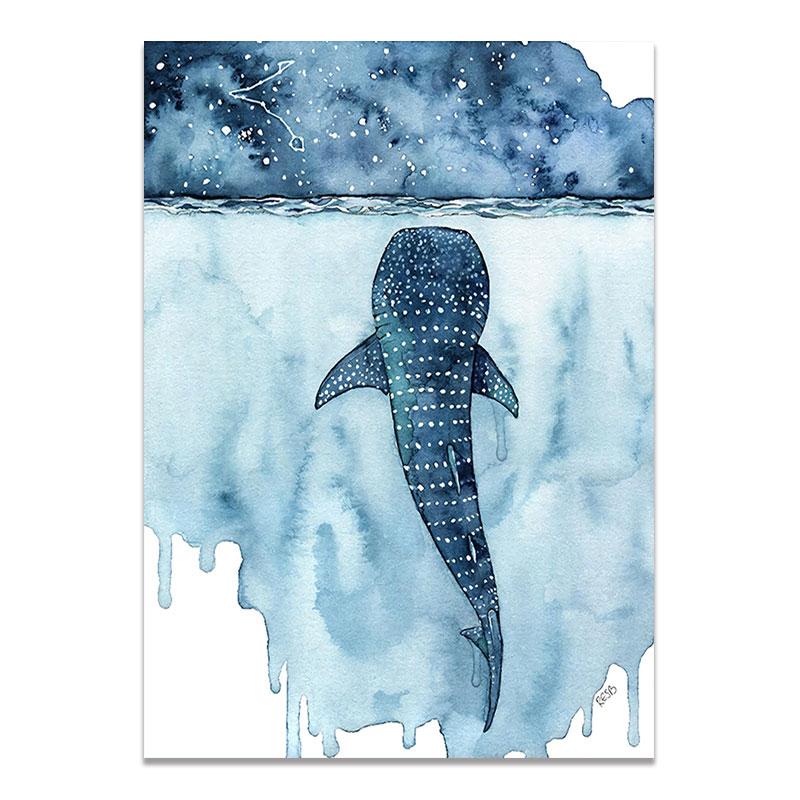 Настенные картины в скандинавском стиле с изображением морских китов, лодок, животных, холст, акварель и принты для гостиной, постер, домашний декор 70x100cm No Framed