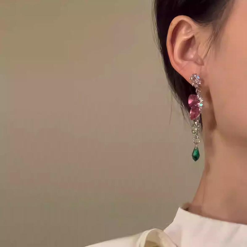 Love glass water drop fringed stud earrings fashion light luxury high-end earrings niche temperament earrings women