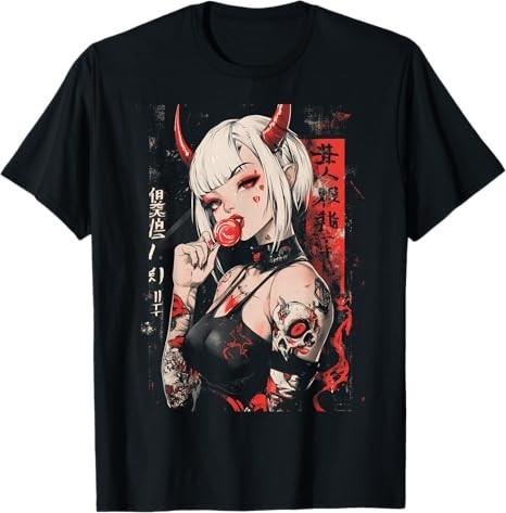 Anime Girl Vaporwave Waifu Grunge Demon Black TShirt S