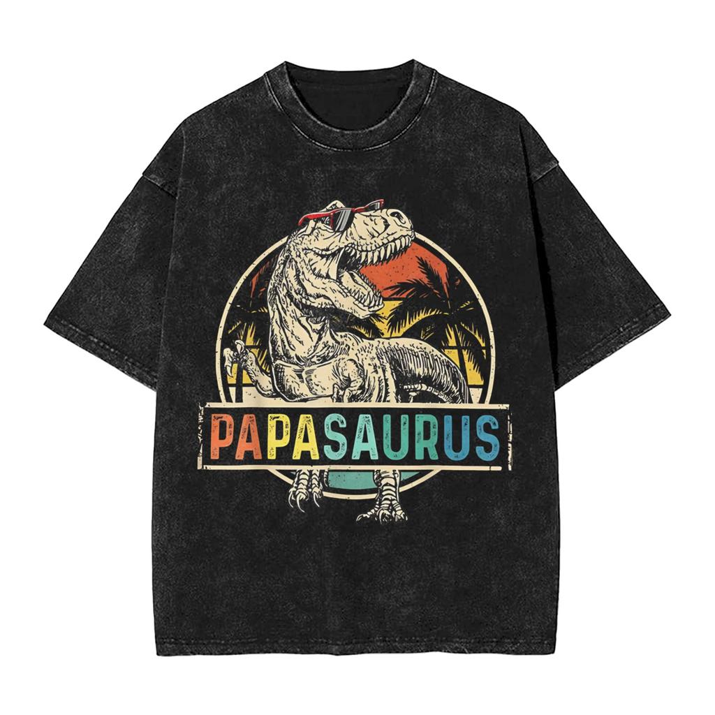 Papasaurus Washed TShirt Mens Vintage Casual TShirts Summer Crew Neck Novelty Tee Shirt Simple Oversized Clothing