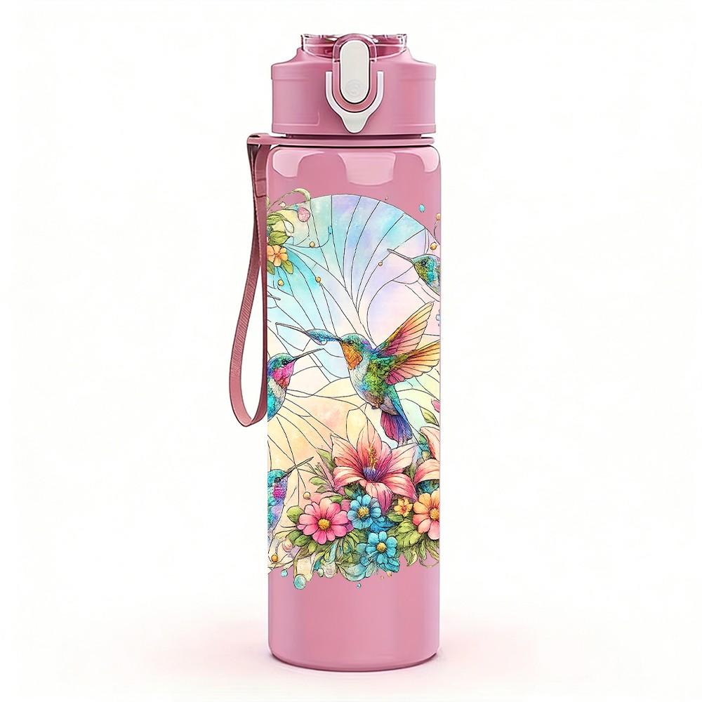 1PC Colorful Bird Butterfly Floral Print 750ml Color Plastic Sports Water Bottle Leakproof Flip Straw Lid Suitable for Sports Office Home Use