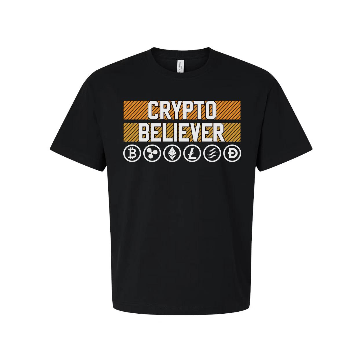 Crypto Believer Unisex Tee Featuring Cryptocurrency Symbols And Striped Panel Gr S