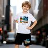 Boys 2 Piece Beach Printed Design Outfit, Short Sleeve T-Shirt and Shorts Set for Kids Age 5-14, Black and White Sporty Casual Summer Clothes