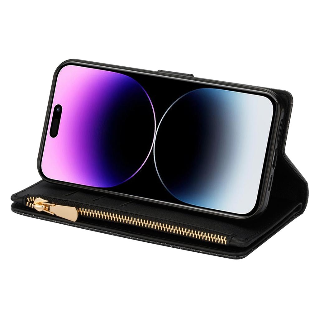 For iPhone 15 Zipper Wallet Stand Phone Case PU Leather Glittery Laser Carving Phone Cover