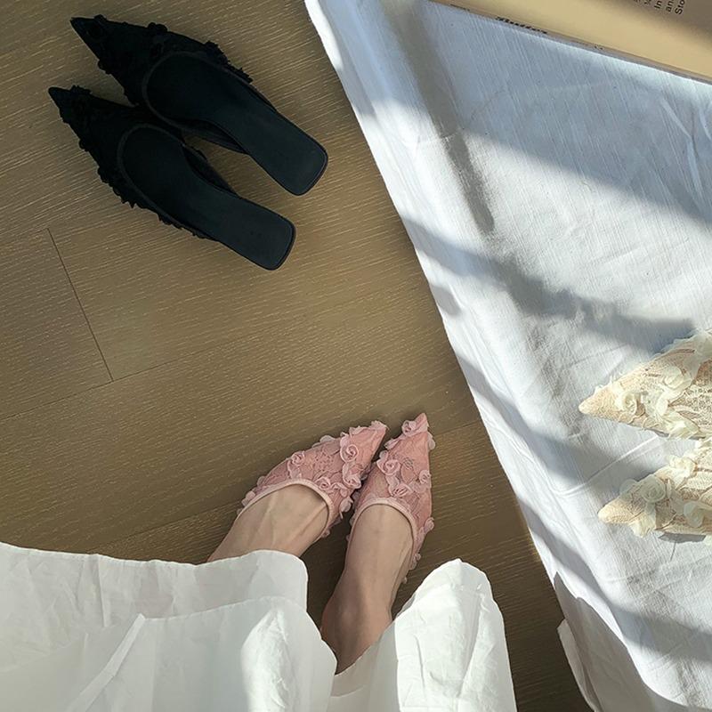 Ladies Flower Mesh Open Heel Sandals Shoes Sexy Designer High Heel Pointed Toe Stiletto Pumps Mules  Women Sandals