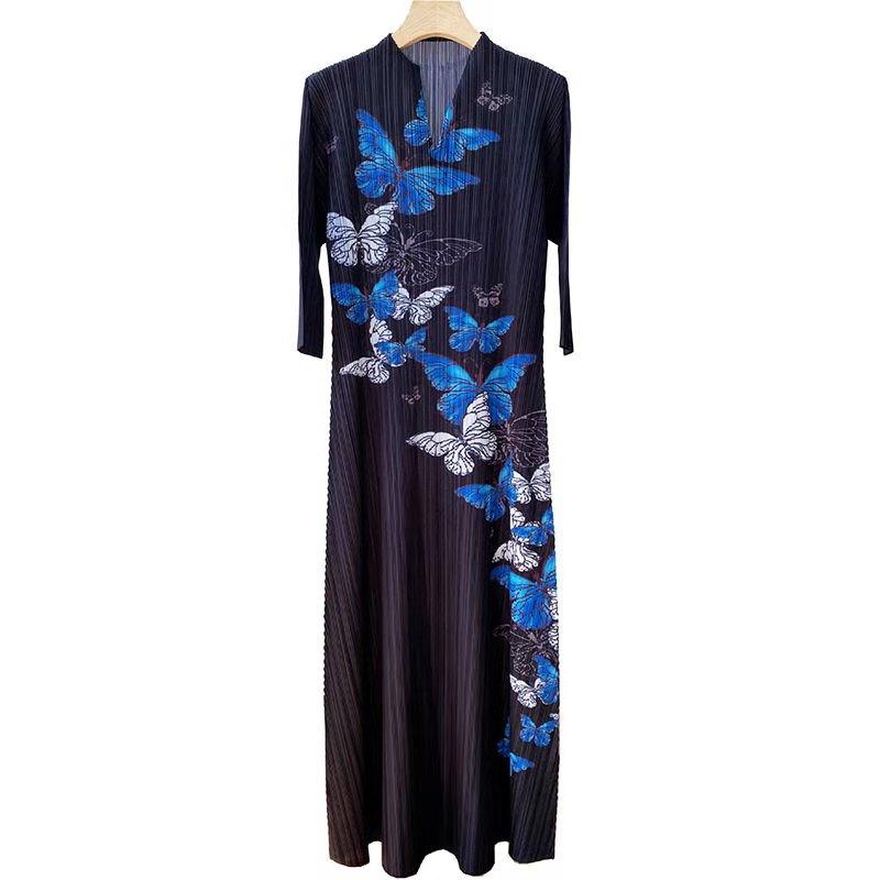 

Весна, лето, осень, женское элегантное офисное винтажное свободное платье с длинным рукавом, плиссированное платье с принтом бабочки, большой размер, платье миди макси, одежда M-4XL 4XL чёрный