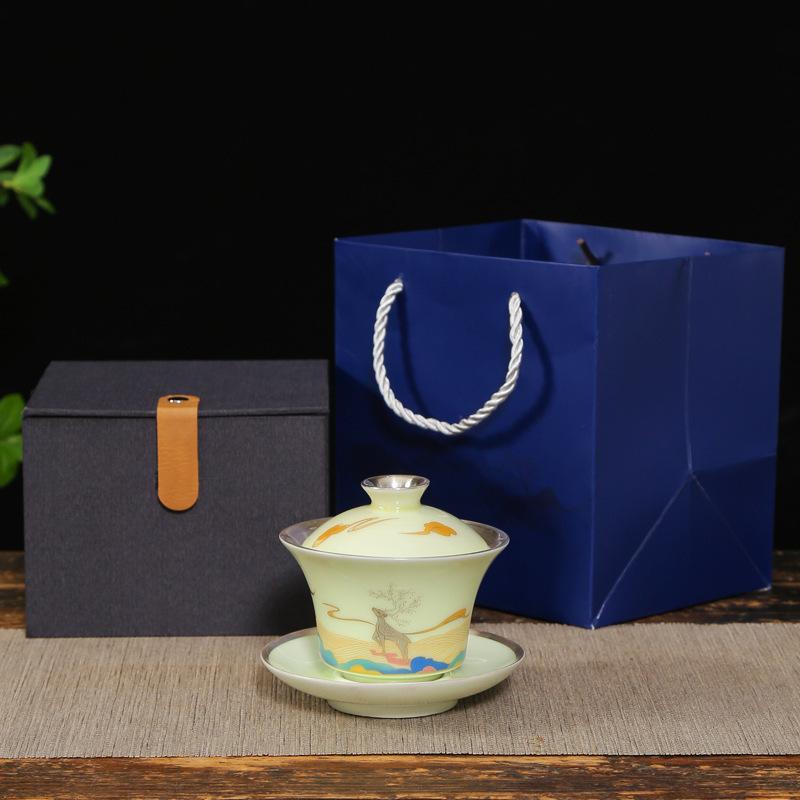 Home Ceramic Silver-Plated Three-Talent Covered Bowl Single Tea Bowl with Lid Tea Offering Bowl Tea Cup Tea Brewing Bowl High-En