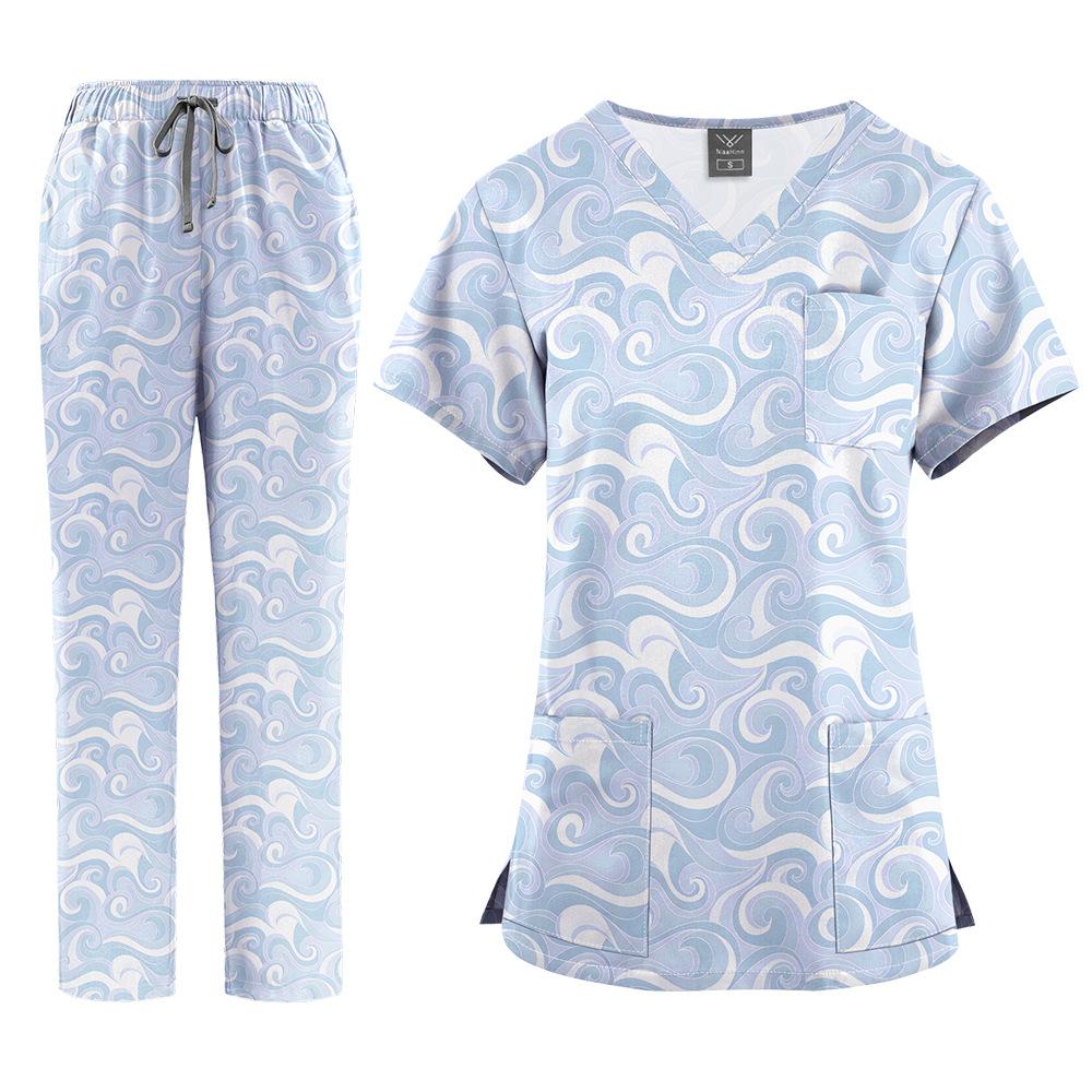 Flerfärgade Joggingdräkter Läkare Sjuksköterskeuniformer Kortärmade V-ringade Toppar Fickbyxor Sjuksköterskeskrubbar Set Medicinska Kliniska Kläder