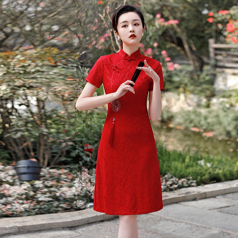 2026 New A-line Lace Short Qipao Dress - Trendy Young Fashion Style