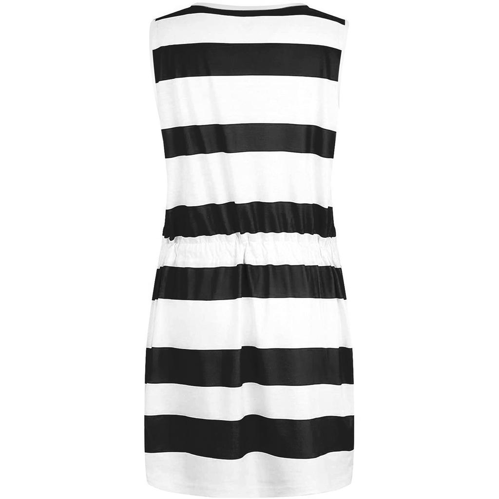 Women's Fashion Summer Loose Casual  Striped Printed Vest Pocket Dress