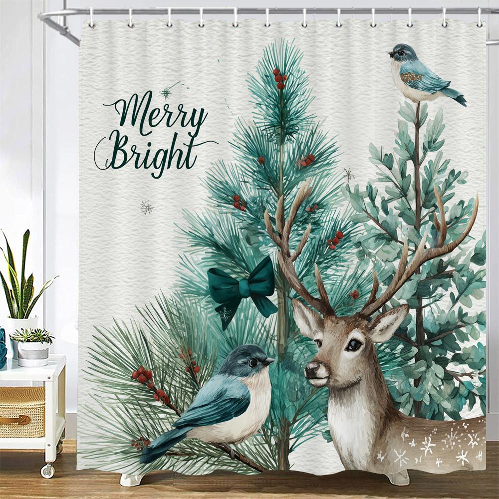 Merry Christmas Shower Curtain Bath Curtain Elk Santa Claus Christmas Printed Polyester Bathroom Curtains for Home Decor curtain