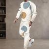 Men Plus Size Printed Two Piece Set Round Neck Long Sleeve Top Cuffed Pants