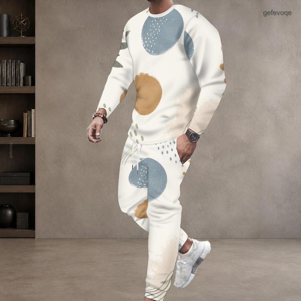 Men Plus Size Printed Two Piece Set Round Neck Long Sleeve Top Cuffed Pants