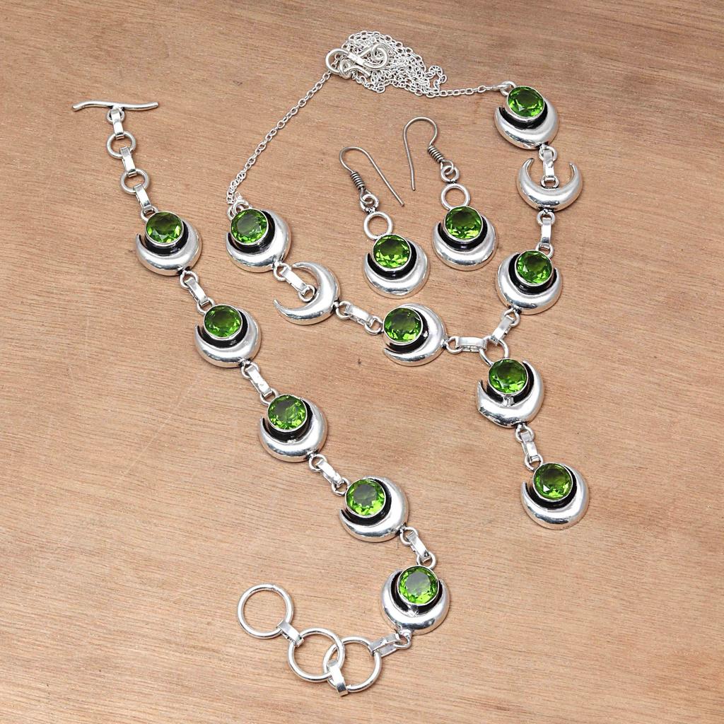 Peridot Quartz Gemstone Handmade Ethnic Jewelry Necklace Set 18-20''