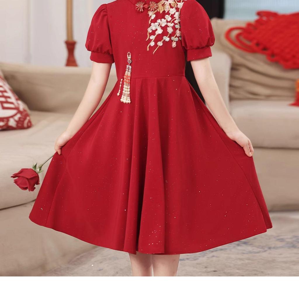 Summer Girls' Red Qipao - Chinese Style Formal Dress for Medium & Large Kids