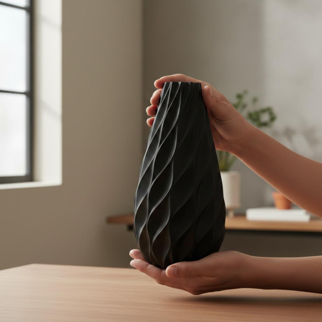 Decorative vase with rounded lines, black, minimalist form